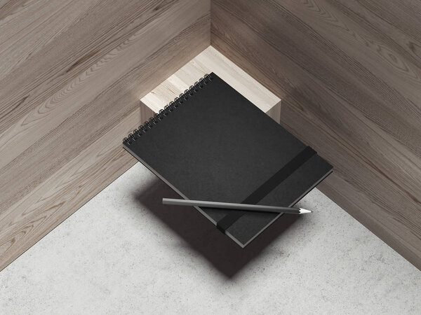 Black notepad and black pen on the wooden background, 3d rendering