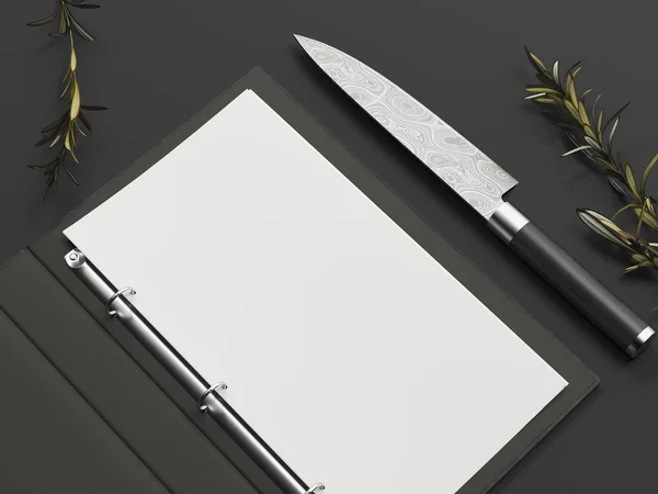 Menu nero aperto e foglio di carta accanto al coltello su sfondo nero, rendering 3d — Foto Stock