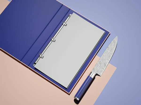 Menù viola aperto e foglio di carta bianca accanto al coltello, rendering 3d — Foto Stock