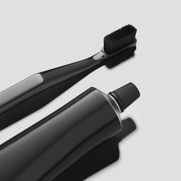 Tubo dentifricio nero e spazzolino nero su sfondo bianco, rendering 3d — Foto Stock