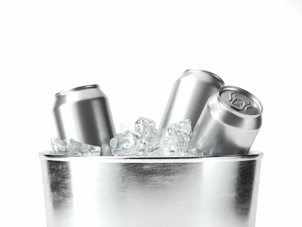 Ізольовані пивні банки в металевій тарі з льодом, 3d рендеринг — стокове фото