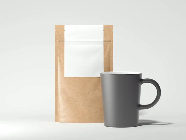 Dark cup and paper bag mockup, 3D rendering — Stock Photo, Image