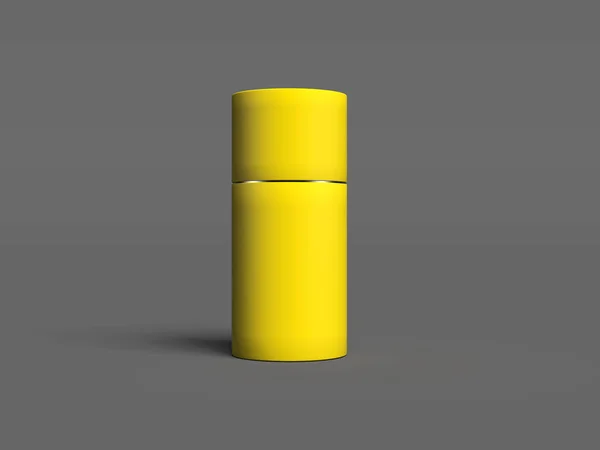 Scatola rotonda realistica gialla su sfondo grigio. rendering 3d — Foto Stock