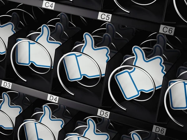 Licht blauwe duim omhoog pictogrammen in automaat, 3D-rendering — Stockfoto