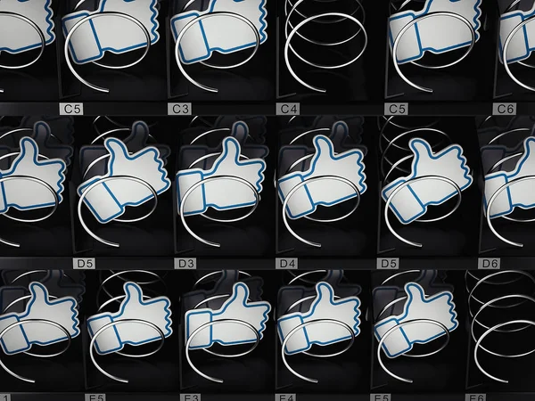 Ícones de polegar azul claro para cima na máquina de venda automática, renderização 3d — Fotografia de Stock