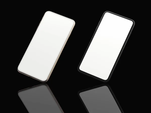 Реалистичные черные телефоны с белыми экранами на темном фоне, 3D рендеринг — стоковое фото