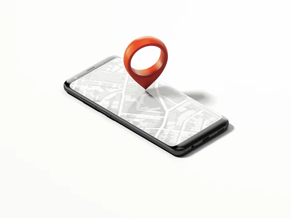 Telefono nero con mappa aperta sullo schermo e geotag rosso o pin mappa, rendering 3d — Foto Stock