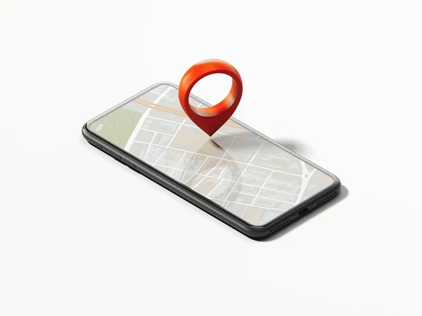 Черный телефон с открытой картой на экране и красной геометкой или значком карты, 3d рендеринг — стоковое фото