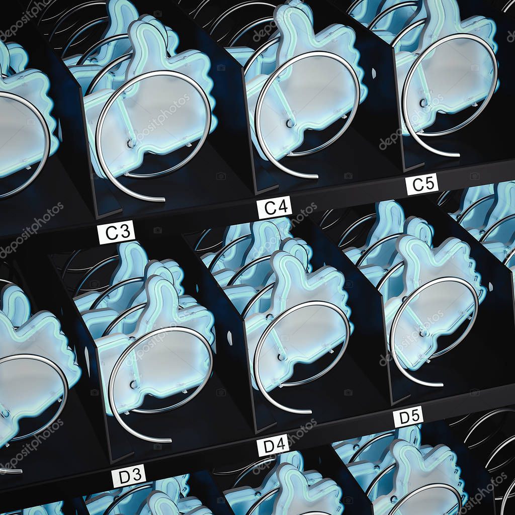 Light blue thumb up icons in realistic vending machine, 3d rendering