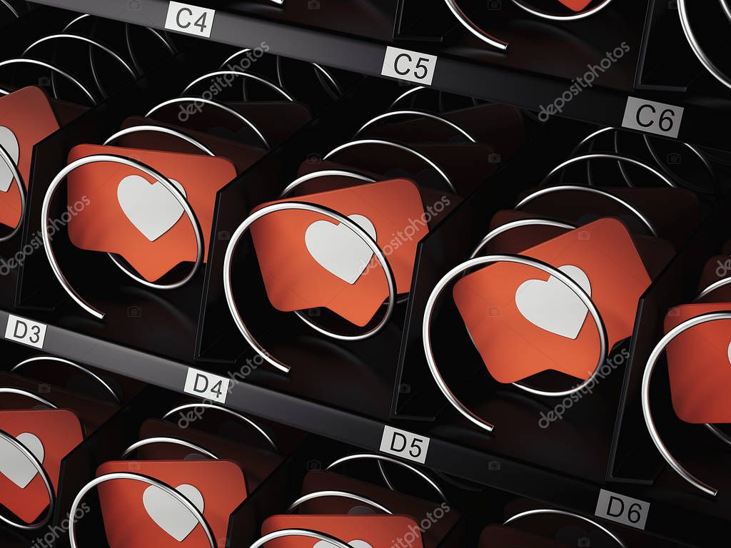 Likes icon in realistic vending machine, 3d rendering