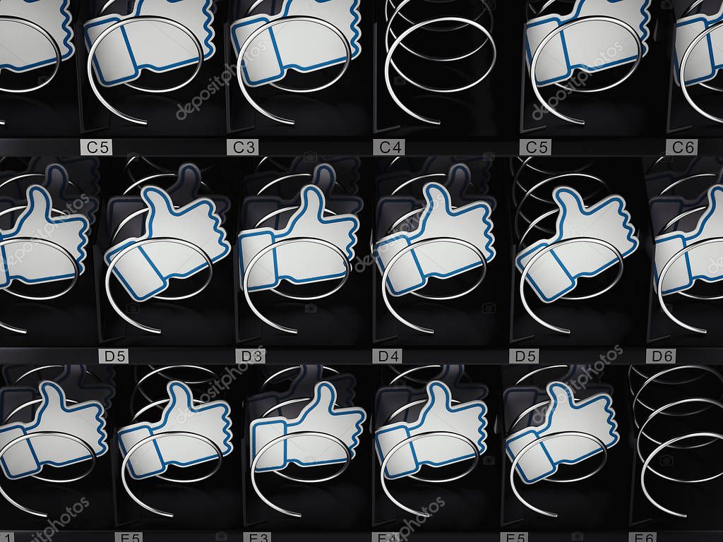 Light blue thumb up icons in realistic vending machine, 3d rendering