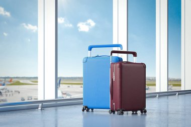 Büyük camları olan havaalanında bavul arka plan üzerinde seyahat. 3D render