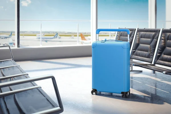 Cestovní světle modrý kufr na letišti. 3D vykreslování — Stock fotografie