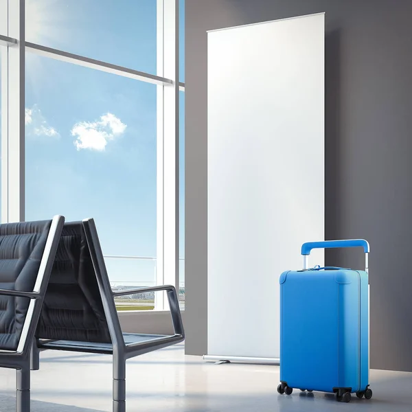 Cestování modrý kufr na letišti. 3D vykreslování — Stock fotografie