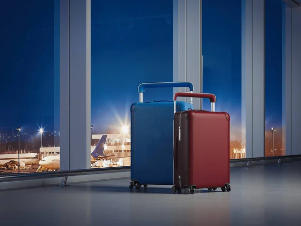 Travel suitcases at the airport with big windows on the background. 3d rendering — Stock Photo, Image