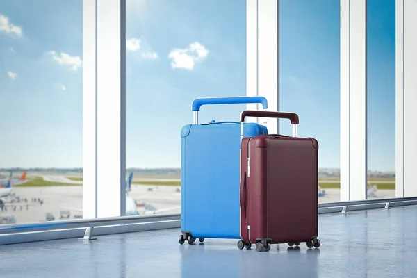 Travel suitcases at the airport with big windows on the background. 3d rendering — Stock Photo, Image