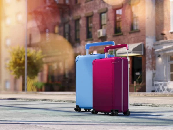 Travel suitcases at the street. 3d rendering — Stock Photo, Image