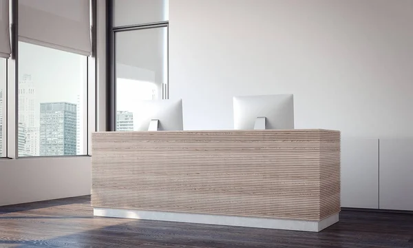 Grote zaal met houten tafel receptie en grote ramen, 3D-rendering — Stockfoto