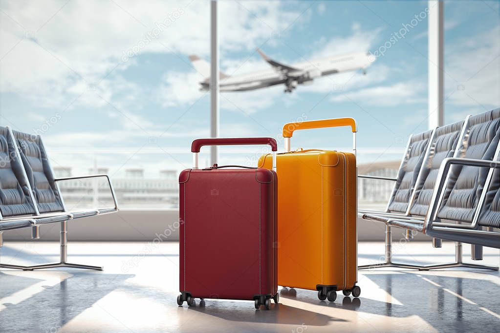 Travel suitcases at the airport. 3d rendering