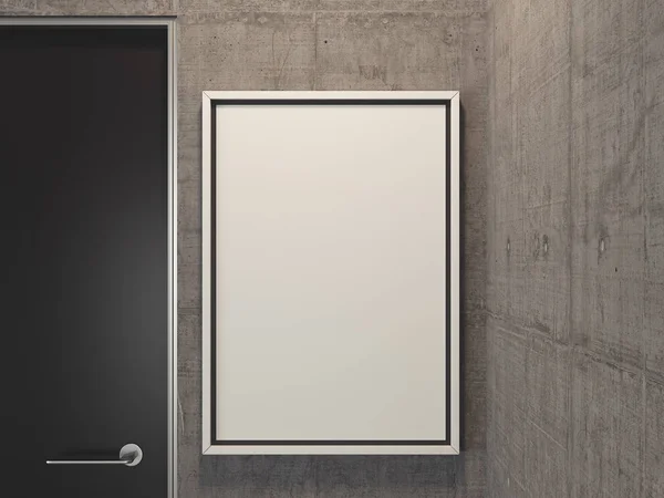 Moderne lichte kamer met grijze muren, leeg reclamebord en zwarte deur, 3D-rendering — Stockfoto