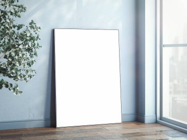 Büyük pencere ve yeşil ağaçlar, 3d render yanındaki boş beyaz bayrak