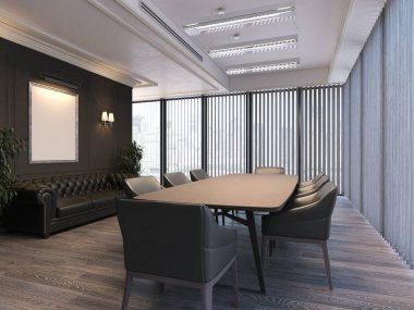 Büyük panoramik pencereler ve karanlık duvarlar, 3d render modern toplantı odası
