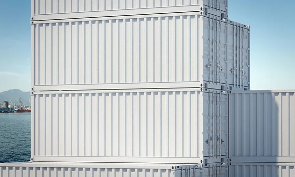 Nahaufnahme weißer Frachtcontainer, 3D-Rendering — Stockfoto
