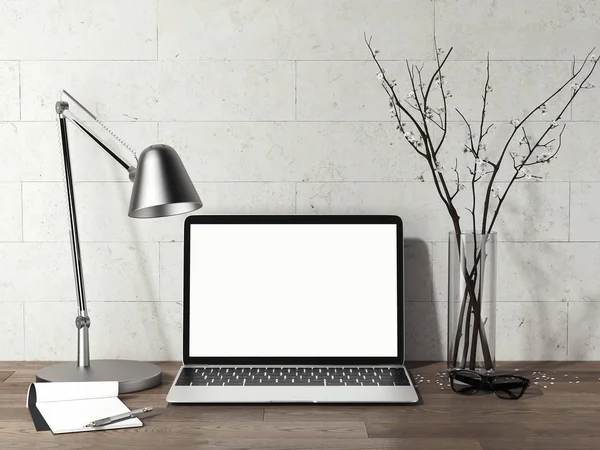 Laptop dengan layar kosong di atas meja kayu di samping lampu logam, render 3d — Stok Foto