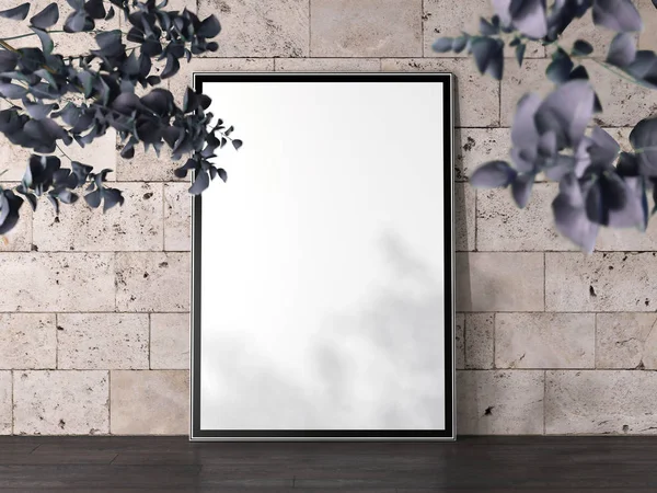 Lege banner met zwart frame en bakstenen muren op achtergrond, 3D-rendering — Stockfoto