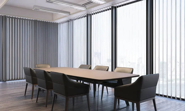 Moderní světlý konferenční místnost s velkými panoramatickými okny, vykreslování 3d objektů — Stock fotografie
