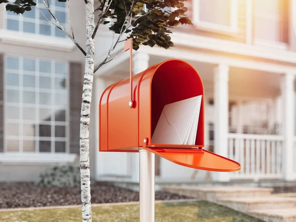 Casella di posta arancione con grande casa su sfondo, rendering 3d — Foto Stock