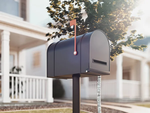 Geschlossener Briefkasten mit großem Haus und grünem Baum auf Hintergrund, 3D-Rendering — Stockfoto