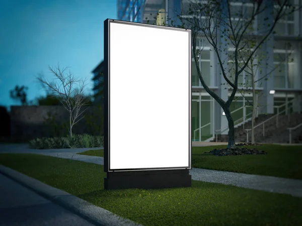 Banner iluminado em branco no parque à noite. Renderização 3d — Fotografia de Stock