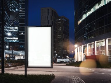 Gökdelenler ve otopark yakın boş ışıklı afiş. 3D render
