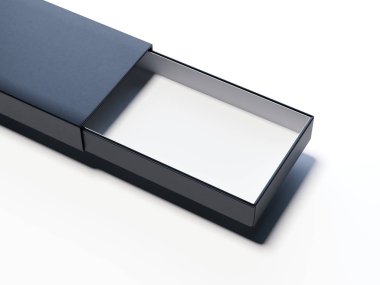 Beyaz arka planda, 3d render siyah karton kutu açıldı.