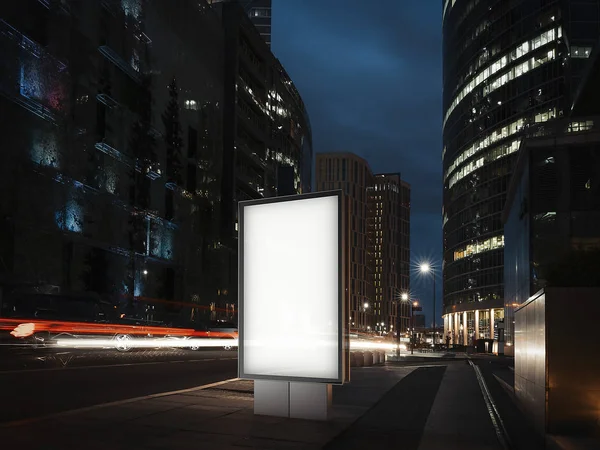 Banner iluminado en blanco por la noche en la ciudad. renderizado 3d — Foto de Stock