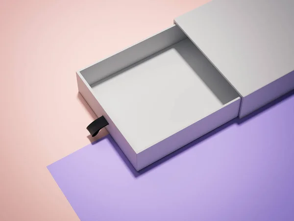 Caja de cartón blanco abierta sobre fondo multicolor, renderizado 3d . — Foto de Stock