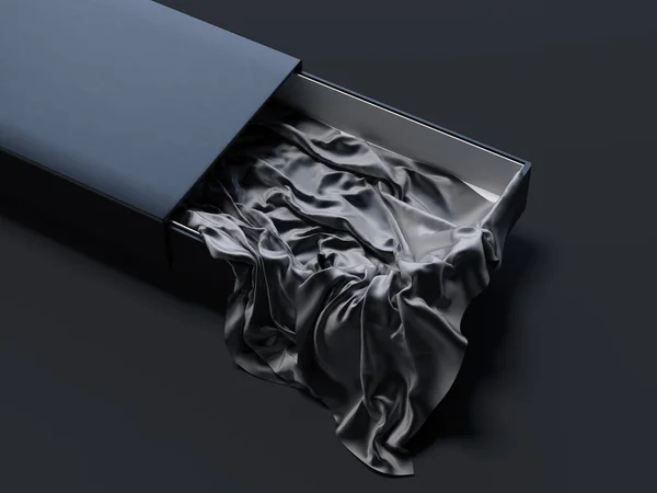 Caixa de papelão preto aberto com tecido preto dentro, renderização 3d . — Fotografia de Stock