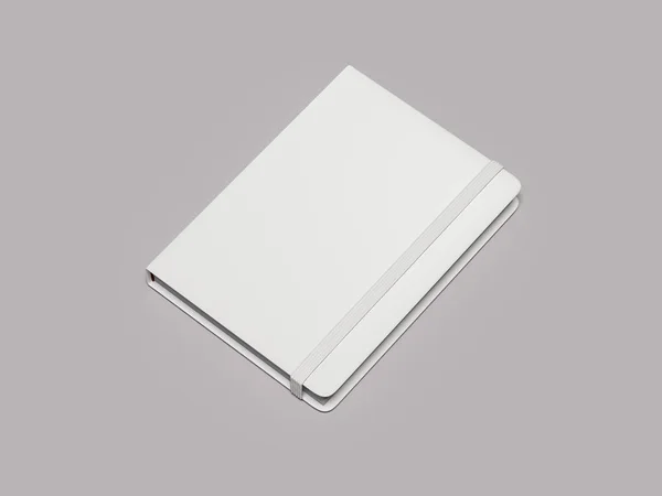 Blocco note bianco con elastico bianco su sfondo bianco, rendering 3d . — Foto Stock