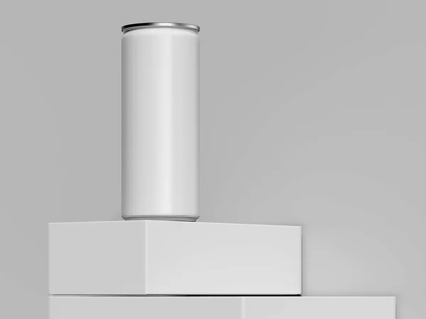 Blank white can standing on white box, 3d rendering. — Stock Photo, Image