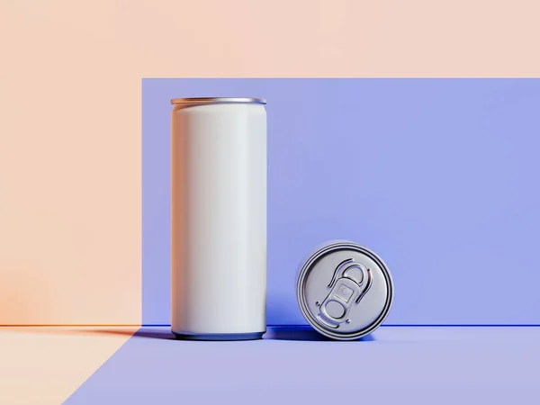 Latas metálicas brancas em branco sobre fundo multicolorido, renderização 3d . — Fotografia de Stock