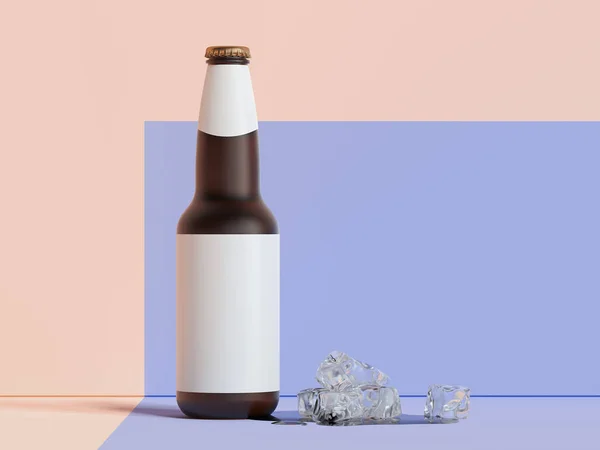 Öl glasflaska med Tom etikett på flerfärgad bakgrund, 3d-rendering. — Stockfoto