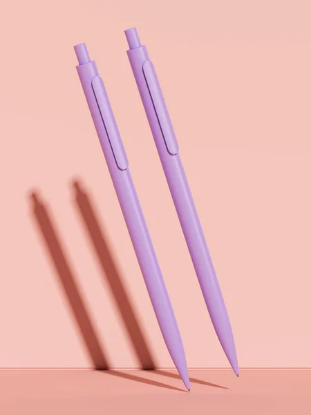 Canetas violeta luz sobre fundo cor de pêssego, renderização 3d . — Fotografia de Stock