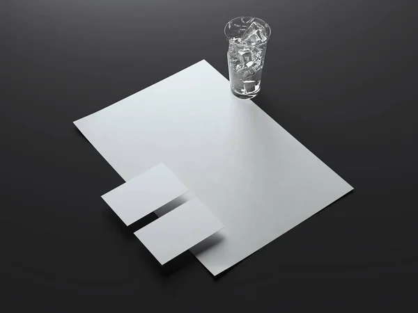 Corporate identity template set with glass of water and ice. 3d rendering — Stock Photo, Image