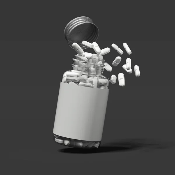 White pills spilling out of transparent bottle, 3d rendering. — Stock Photo, Image