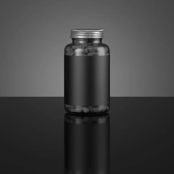 Zwarte fles met lege label op zwarte achtergrond, 3D-rendering. — Stockfoto
