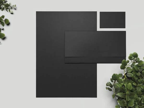 Business stationery mock up with plants on gray background. 3d rendering, — Stock Photo, Image