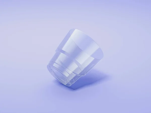 Transparenter, realistischer Plastikbecher auf violettem Hintergrund. 3D-Darstellung. — Stockfoto