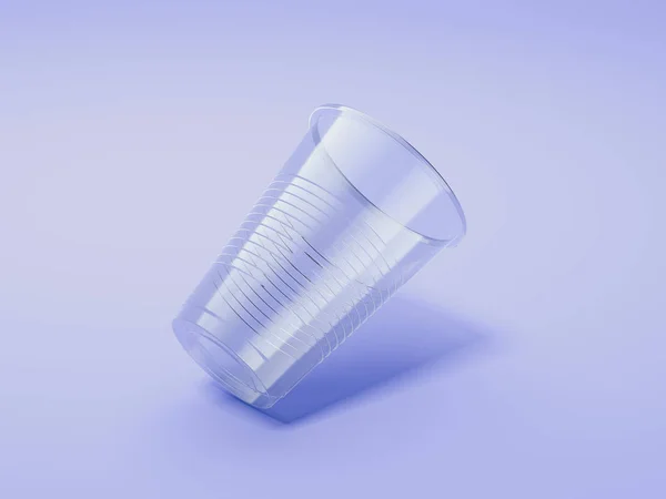 Transparent realistiska plastmugg isolerade på lila bakgrund. 3D-rendering. — Stockfoto