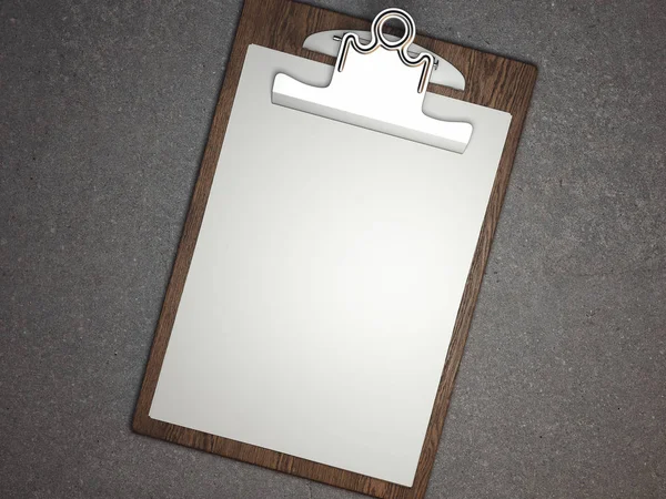 木制剪贴板, 空白纸张在灰色背景下隔离。3d 渲染 — 图库照片
